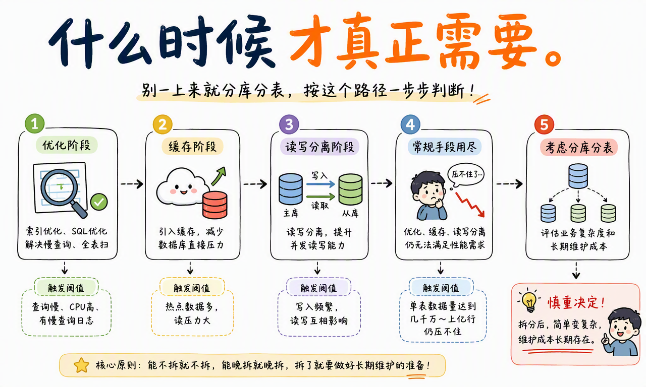 从索引和 SQL 优化、缓存、读写分离到最后评估分库分表的采用路径