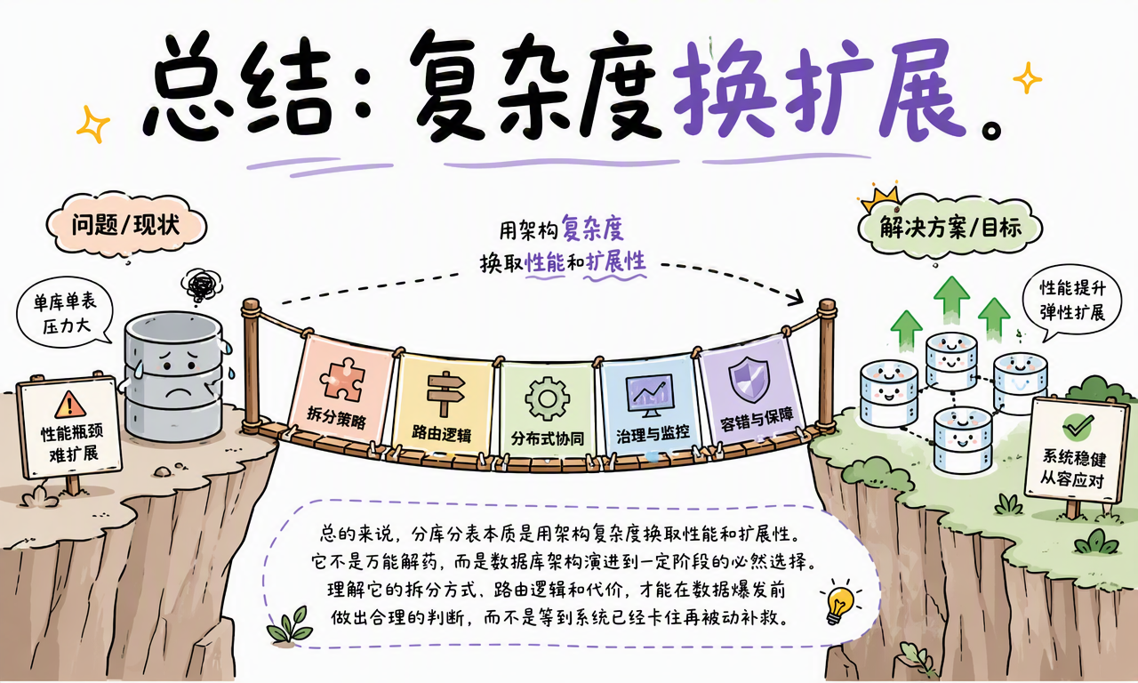 分库分表用拆分策略、路由、分布式协作、治理监控和容错保障连接性能瓶颈与弹性扩展