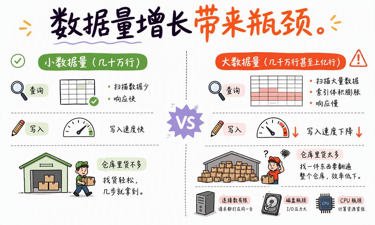小数据量与大数据量下,查询、写入、索引、连接数、磁盘和 CPU 压力的变化