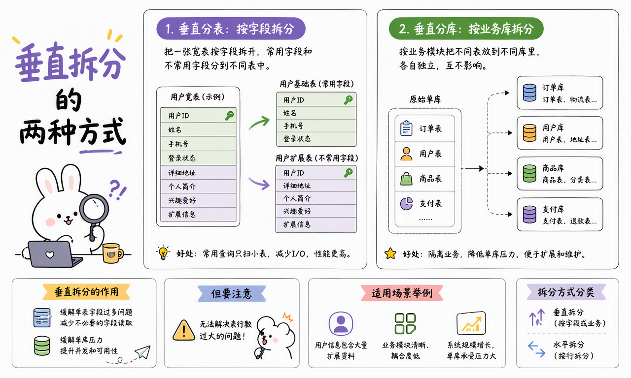 垂直分表按字段拆宽表,垂直分库按用户、订单、商品和支付等业务模块拆库