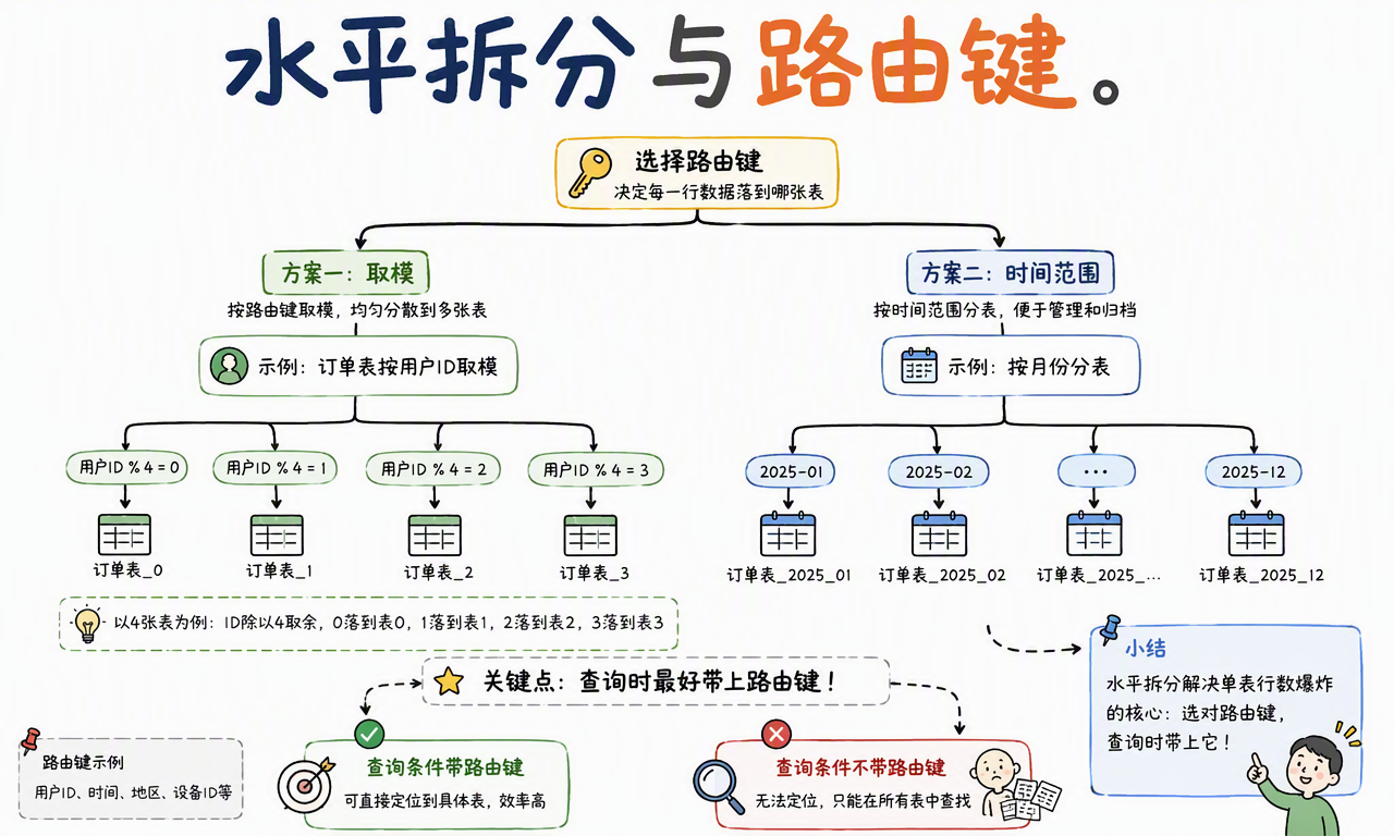 水平拆分使用用户 ID 取模或时间范围决定订单数据落入哪张表