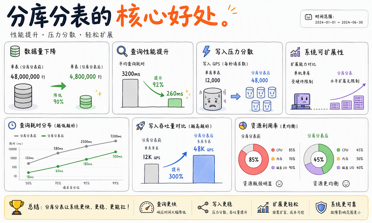 分库分表通过缩小单表、分散写入和增加节点提升容量与扩展性的示意图