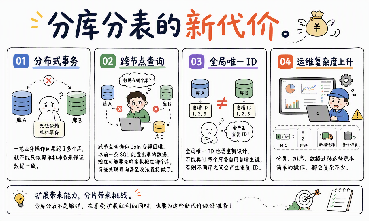 分库分表引入分布式事务、跨节点查询、全局唯一 ID 和运维复杂度