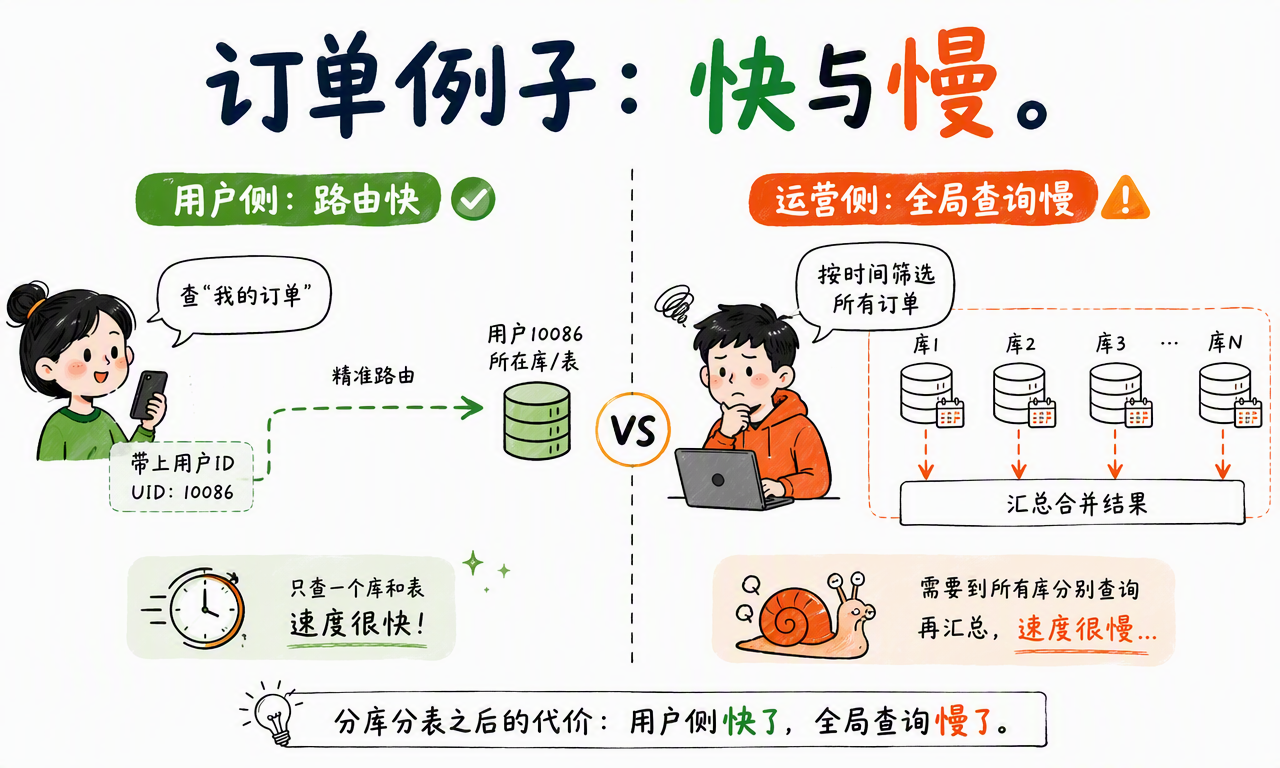 订单按用户 ID 分片后,用户侧查询可精准路由,而运营侧全局查询需要扫描并汇总多个分片