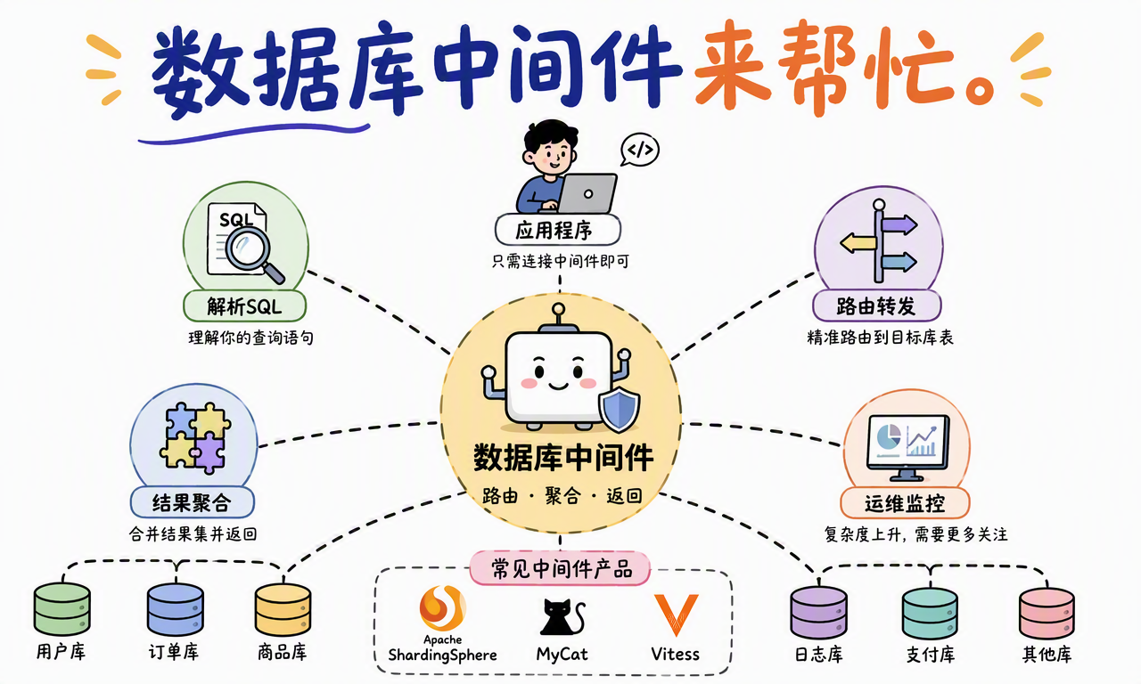 数据库中间件在应用与多个数据库之间负责 SQL 解析、路由转发、结果聚合和监控