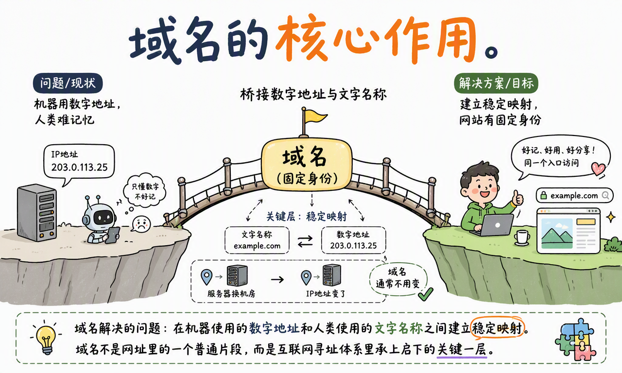 域名通过稳定映射连接可变化的 IP 地址与人类易记的网站身份