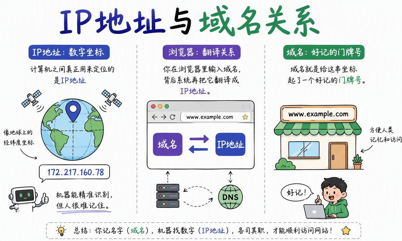 IP 地址是机器使用的数字地址,域名是便于人类记忆的名称,DNS 负责转换