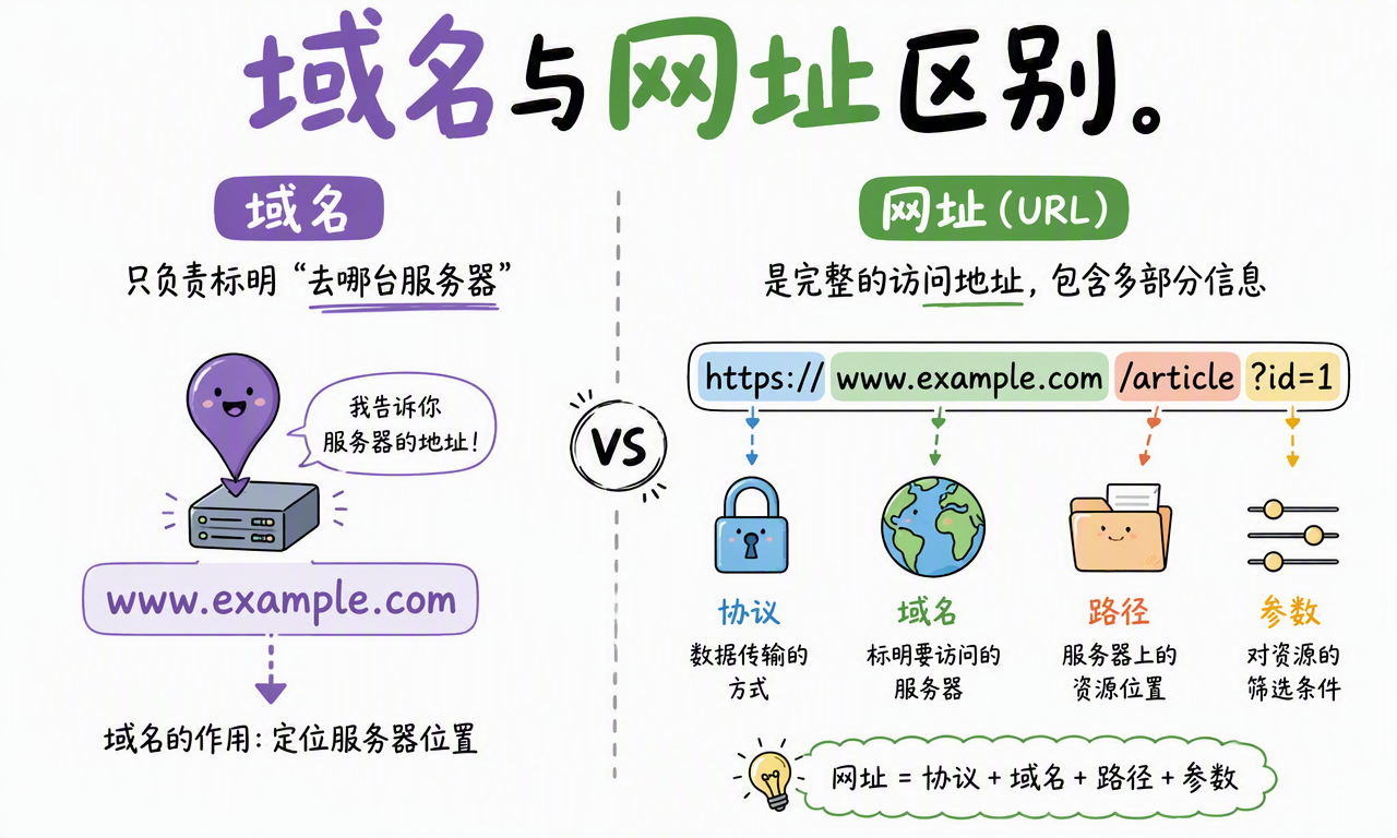 域名只标识访问的主机,完整 URL 还包含协议、路径和查询参数