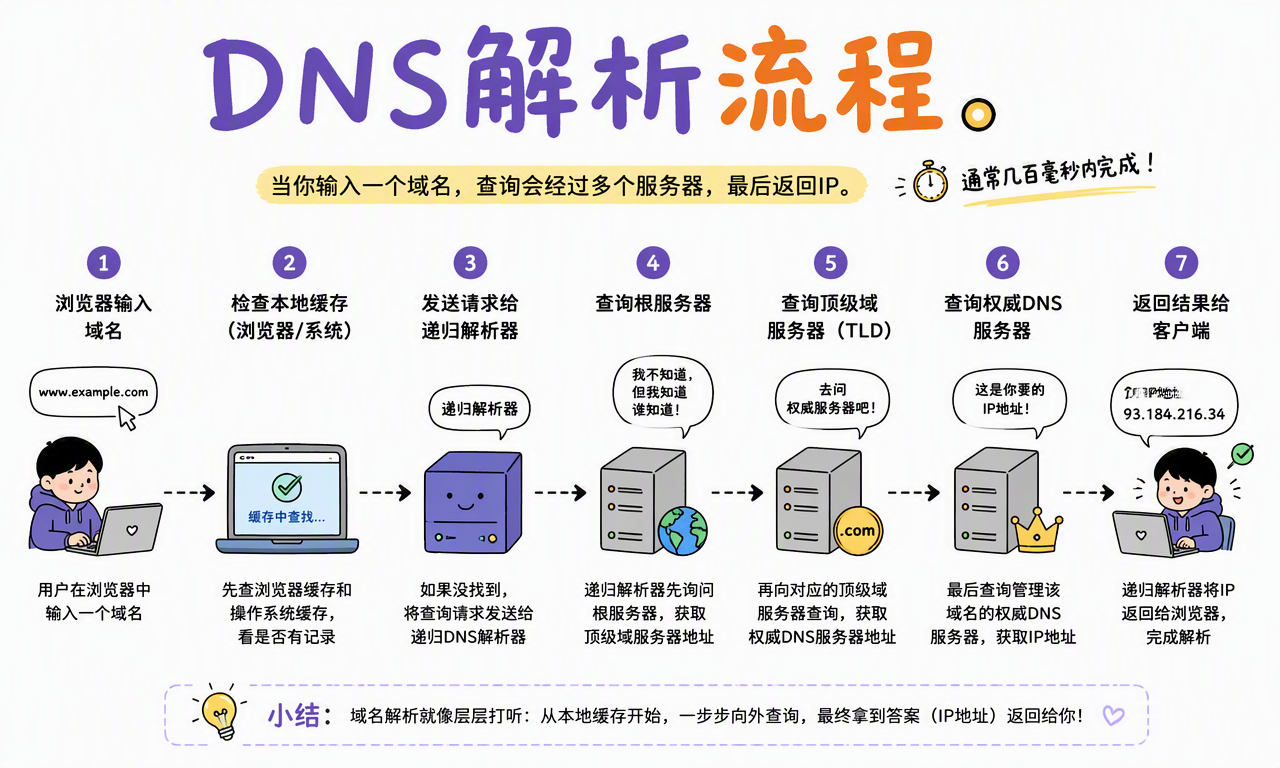 从浏览器缓存、递归解析器到根服务器、顶级域服务器和权威 DNS 的解析流程
