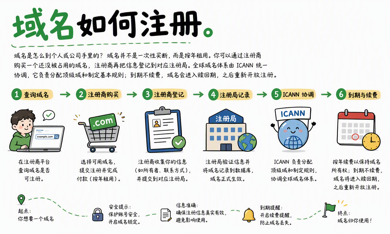 域名从可用性查询、注册商购买、注册局记录到续费的完整流程