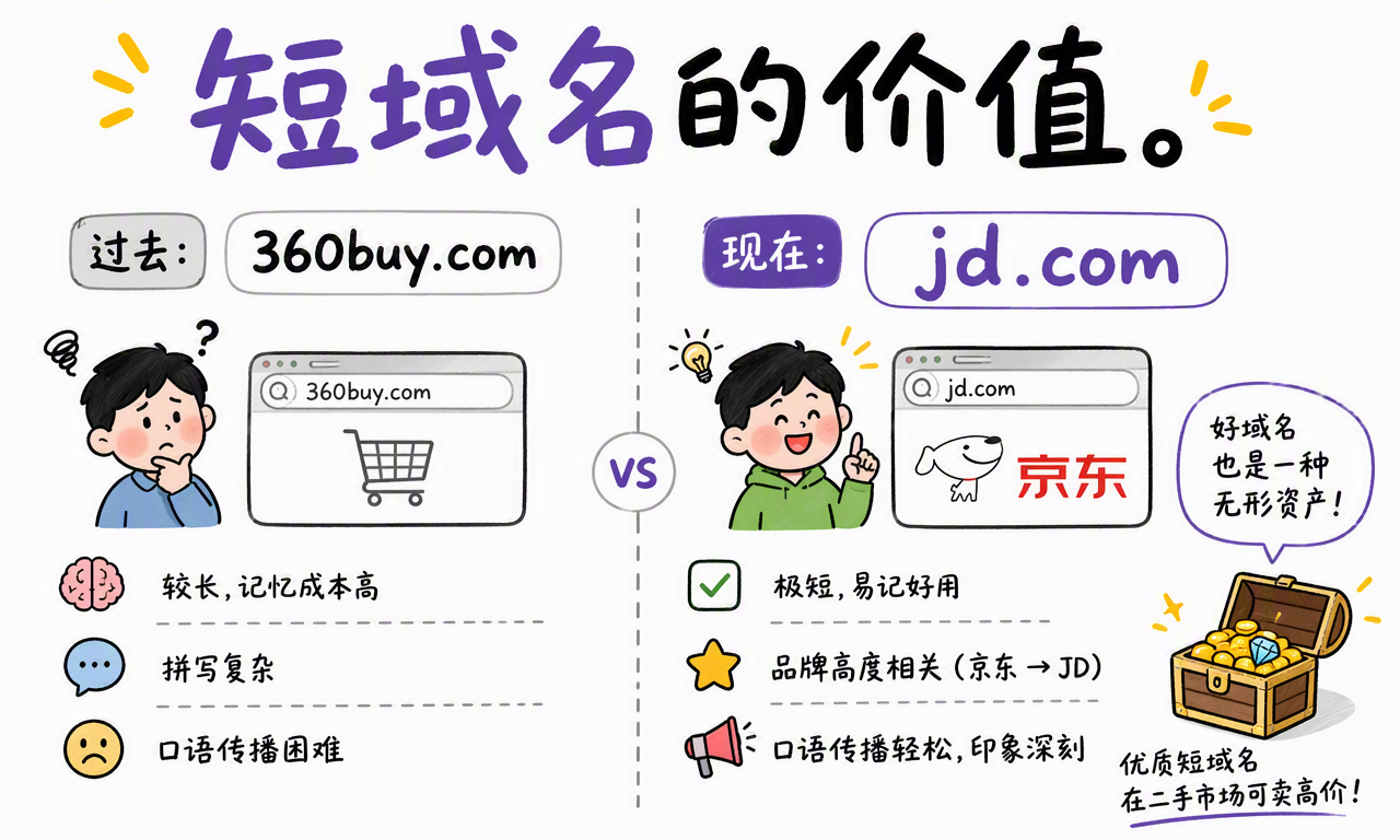 京东从 360buy.com 切换到 jd.com 展示短域名在记忆和品牌传播上的价值