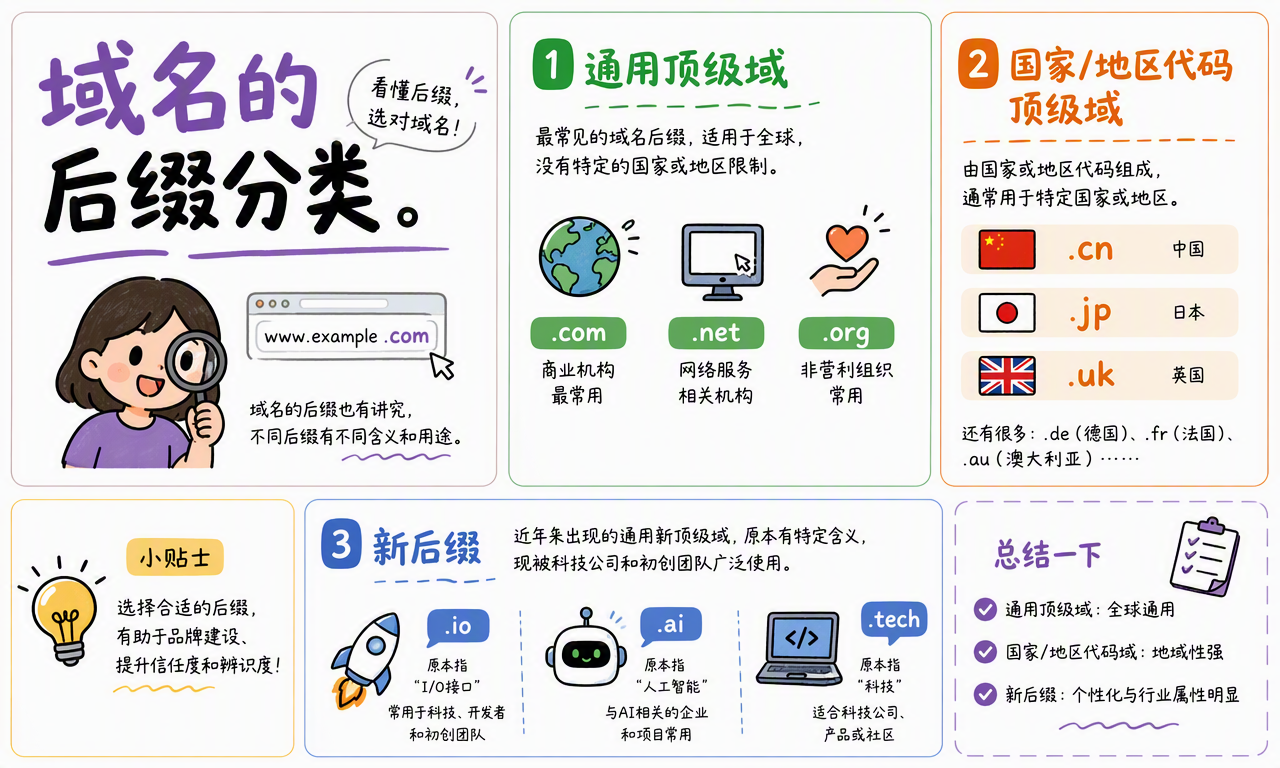 域名后缀分为通用顶级域、国家或地区代码顶级域和新通用顶级域