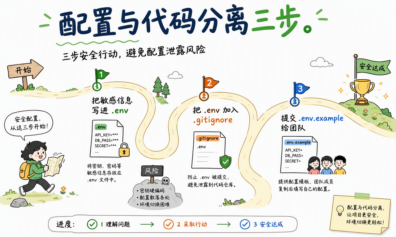 将敏感配置写入 .env、加入 .gitignore 并提交 .env.example 的三步实践