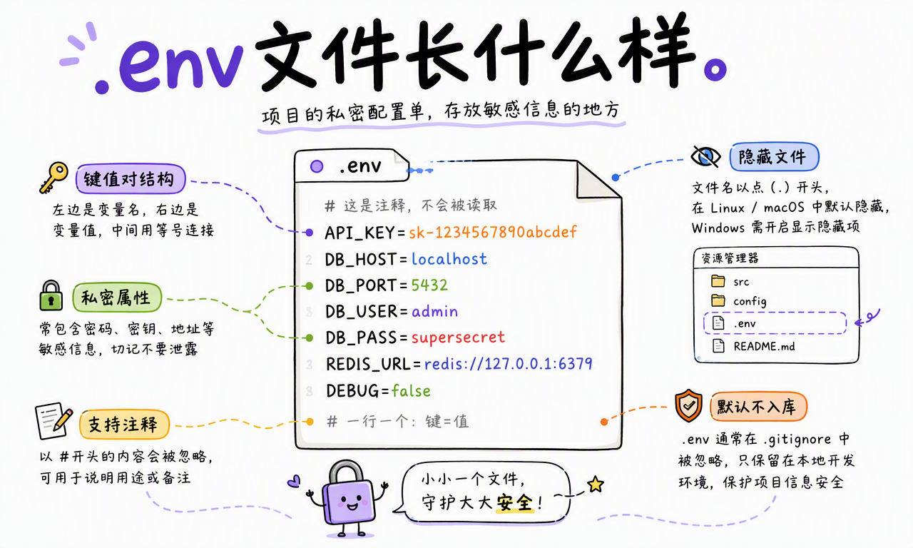 .env 文件中的键值对、注释、隐藏文件属性与本地配置特征