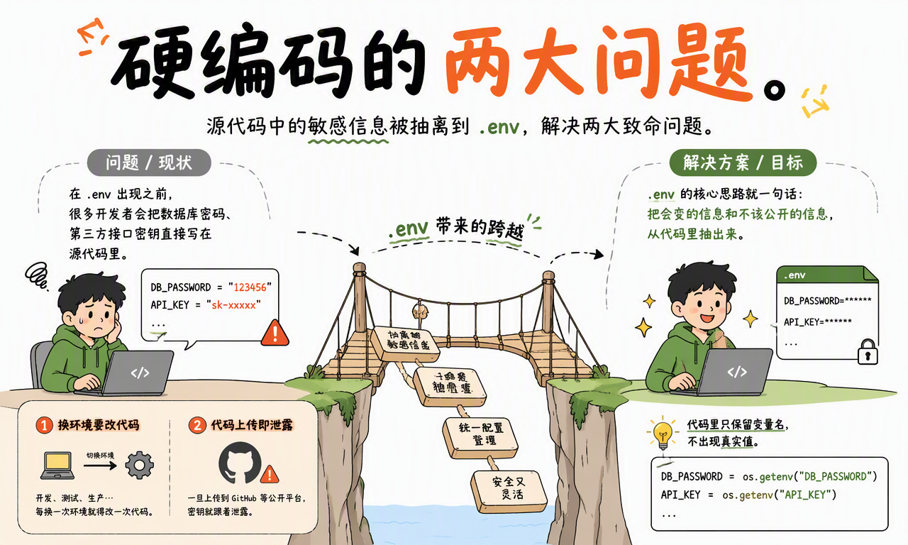 硬编码导致环境切换要改代码和源码公开后密钥泄露两大问题