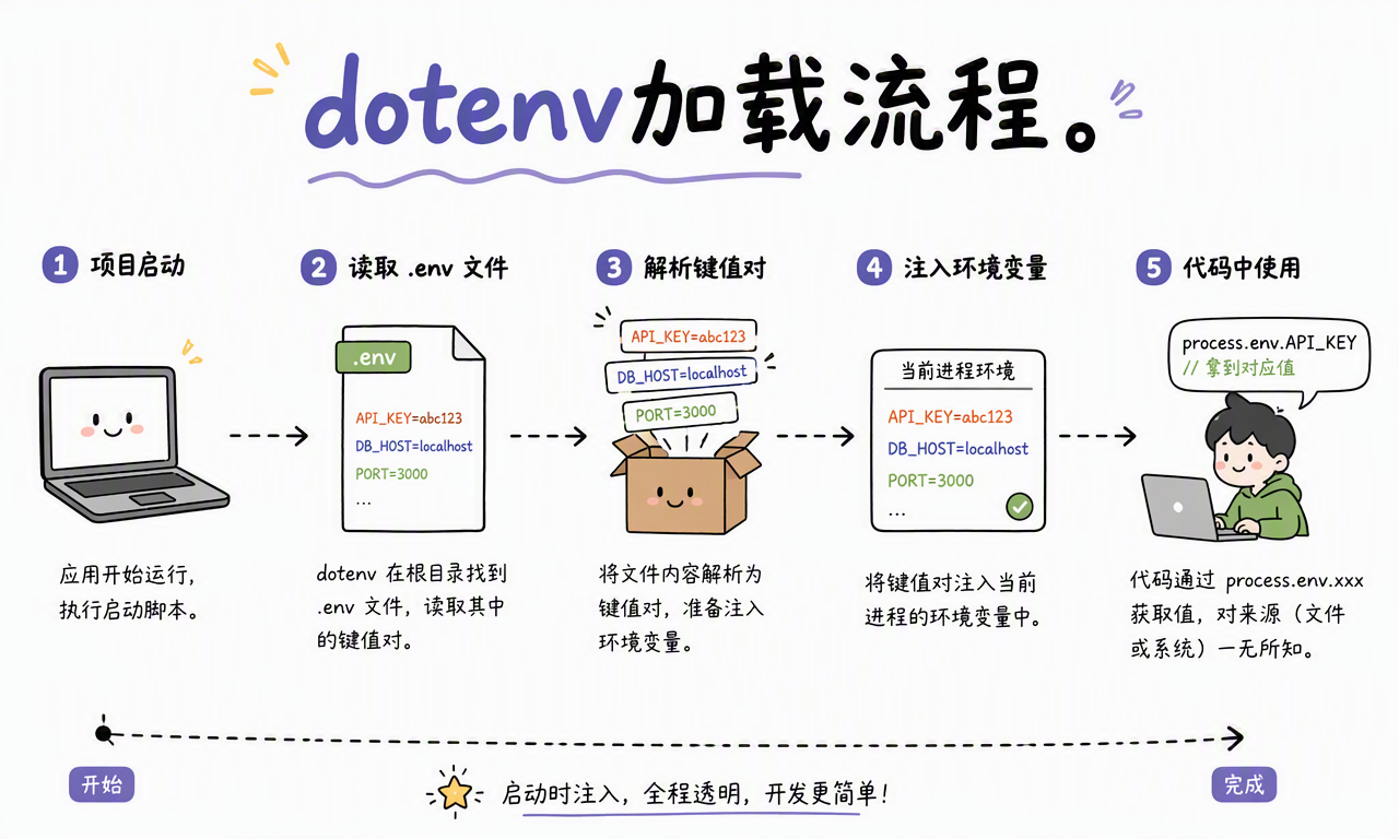 dotenv 从项目启动、读取文件、解析键值对到注入进程环境变量的流程