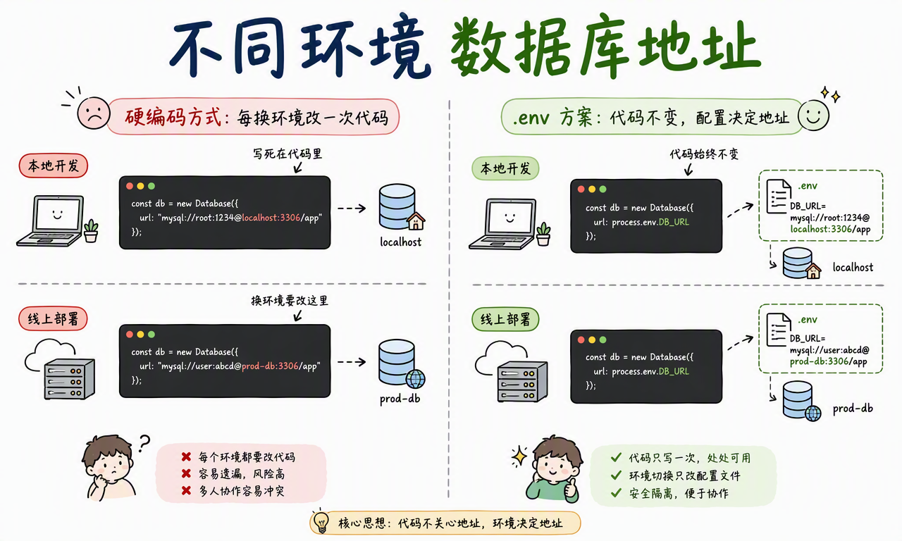 硬编码数据库地址与通过环境变量切换本地和生产数据库的对比