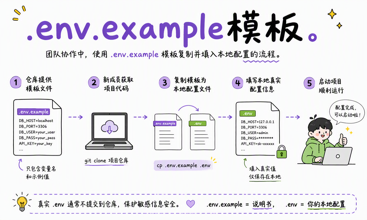 团队通过 .env.example 创建本地 .env 并填写真实配置的协作流程