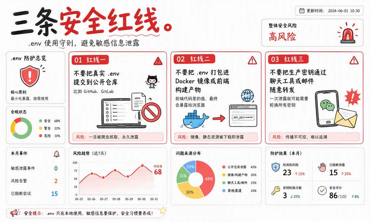 真实 .env 入库、进入 Docker 或前端产物、通过聊天与邮件传播的三条安全红线