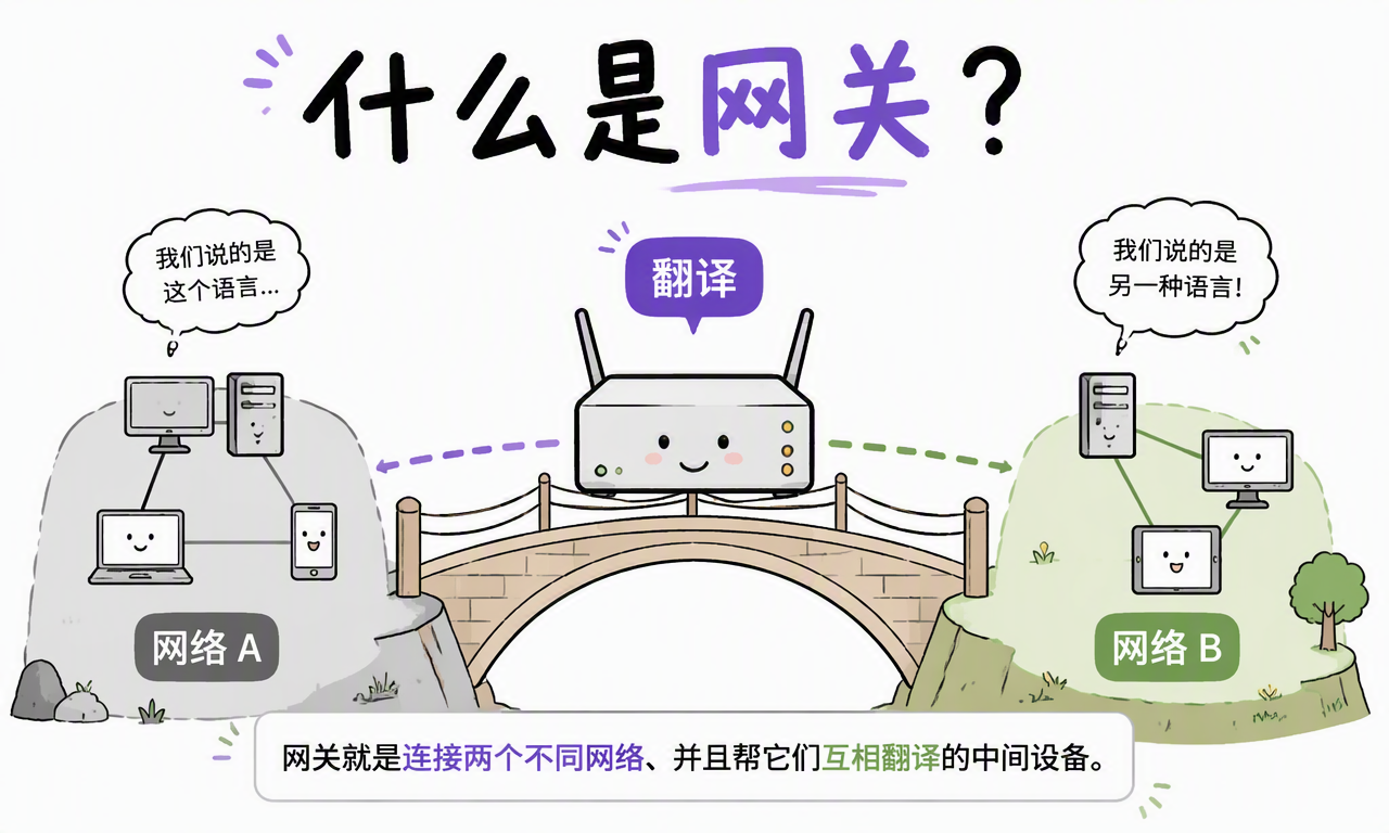 网关连接网络 A 与网络 B,并在两者之间完成翻译
