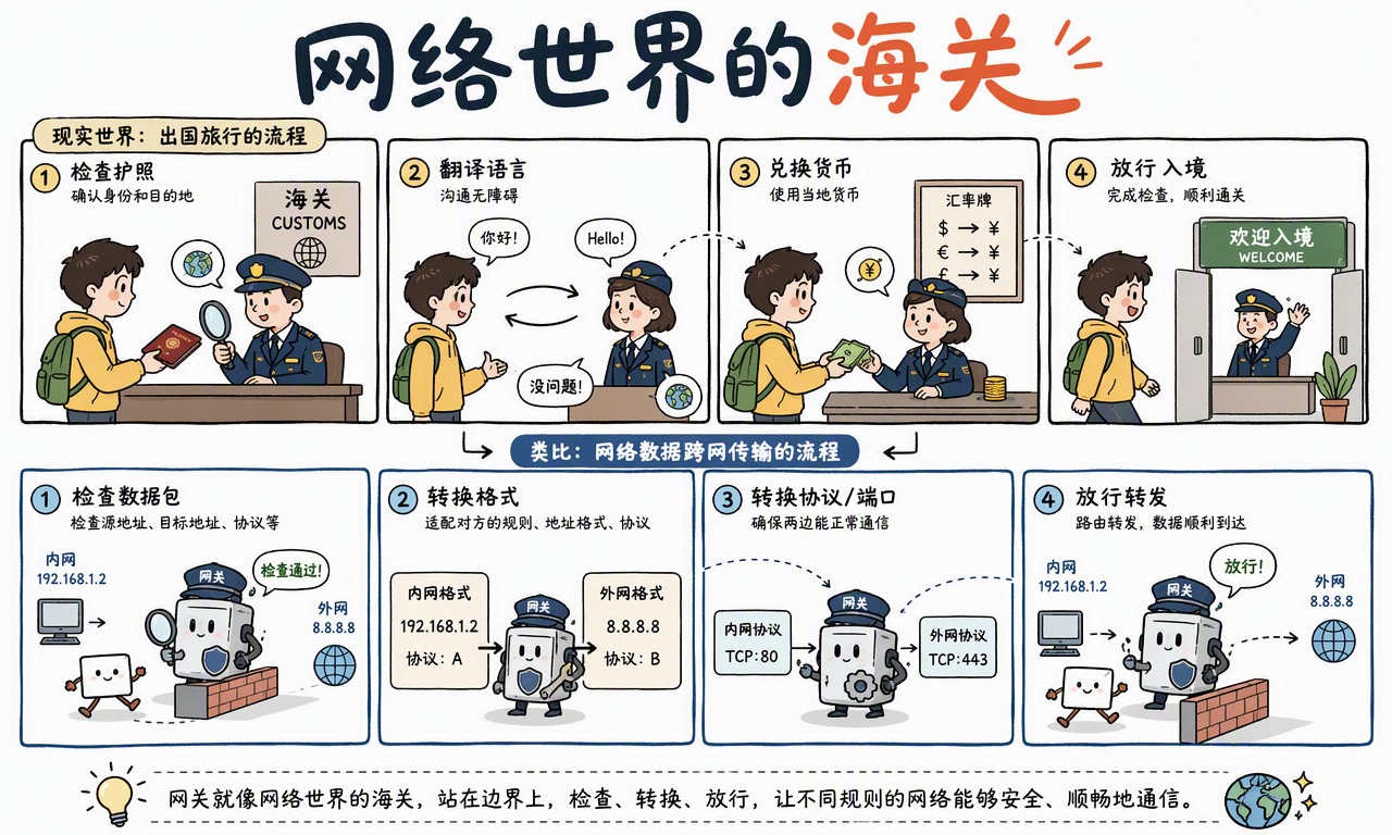 现实海关与网络网关在检查、转换和放行流程上的类比