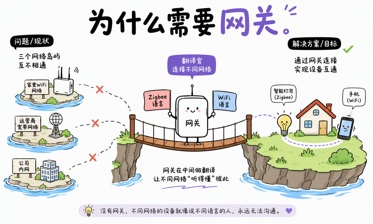 家庭 WiFi、运营商网络和公司内网通过网关连接,智能设备通过协议转换实现互通