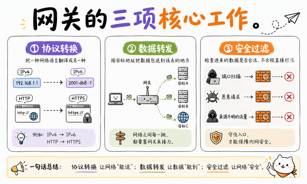 网关通过协议转换、数据转发和安全过滤完成跨网络通信