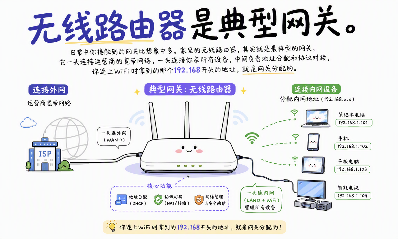 无线路由器连接运营商网络与家庭设备,并提供 DHCP、NAT 和安全管理