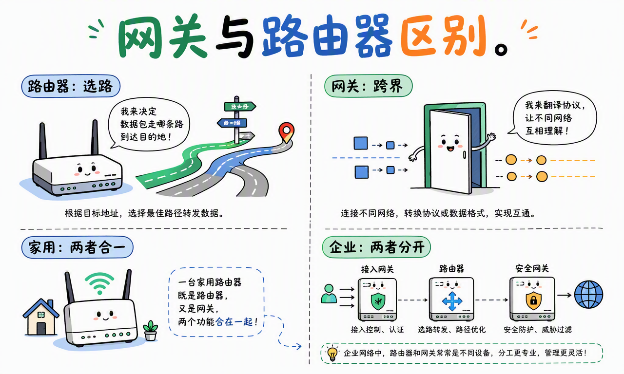 路由器负责选路,网关负责跨越边界;家庭设备常合二为一,企业设备可以分开
