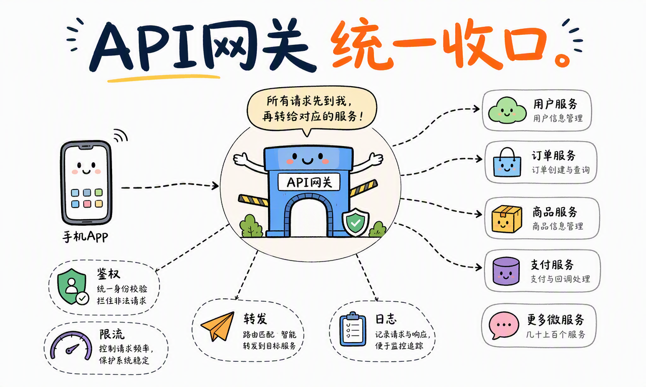 API 网关统一接收手机 App 请求,并完成鉴权、限流、转发和日志记录