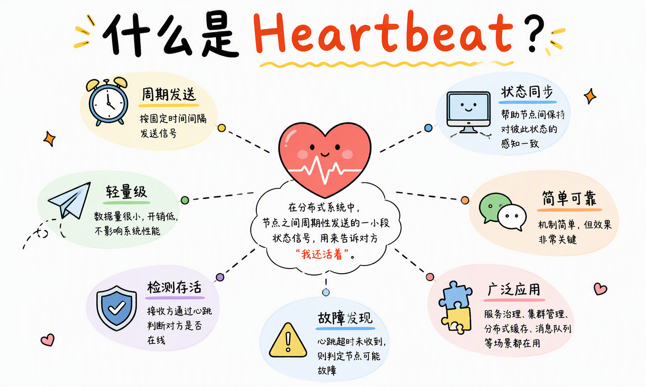 Heartbeat 是节点周期性发送的轻量存活信号,用于状态同步和故障发现
