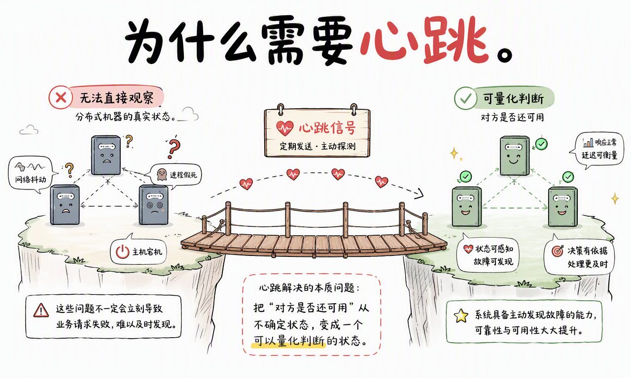 Heartbeat 通过周期发送、超时记录和连续失败判定来发现故障