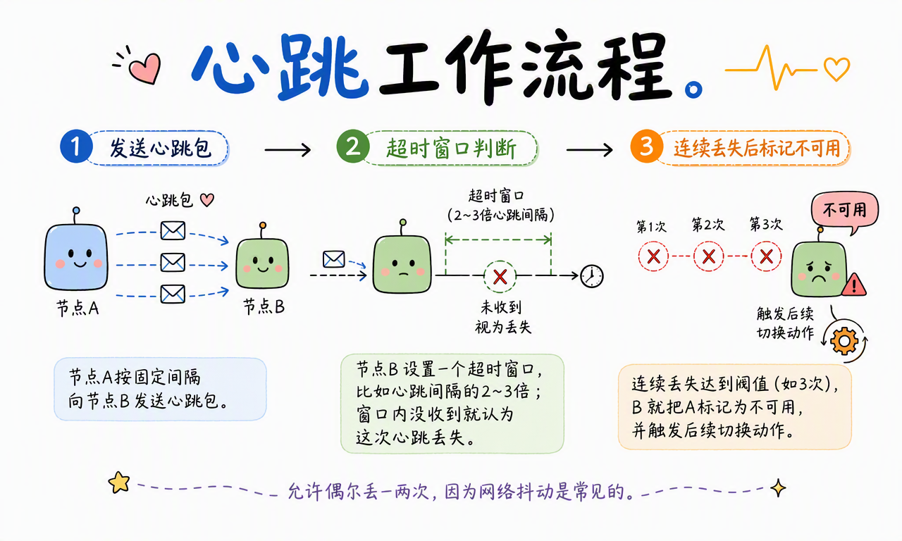 心跳间隔、超时窗口和失败次数共同决定故障检测速度与误判概率