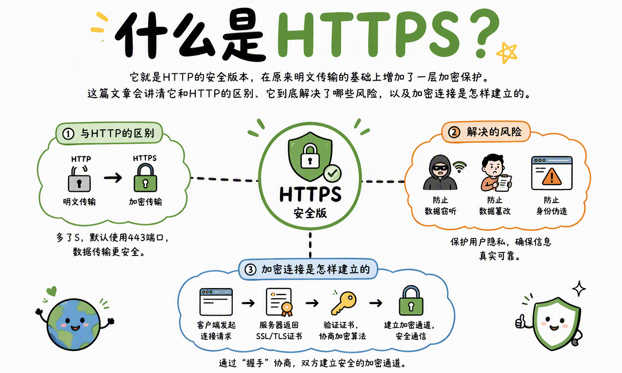 HTTPS 是 HTTP 的安全版本,通过 TLS 提供加密、身份验证和完整性保护