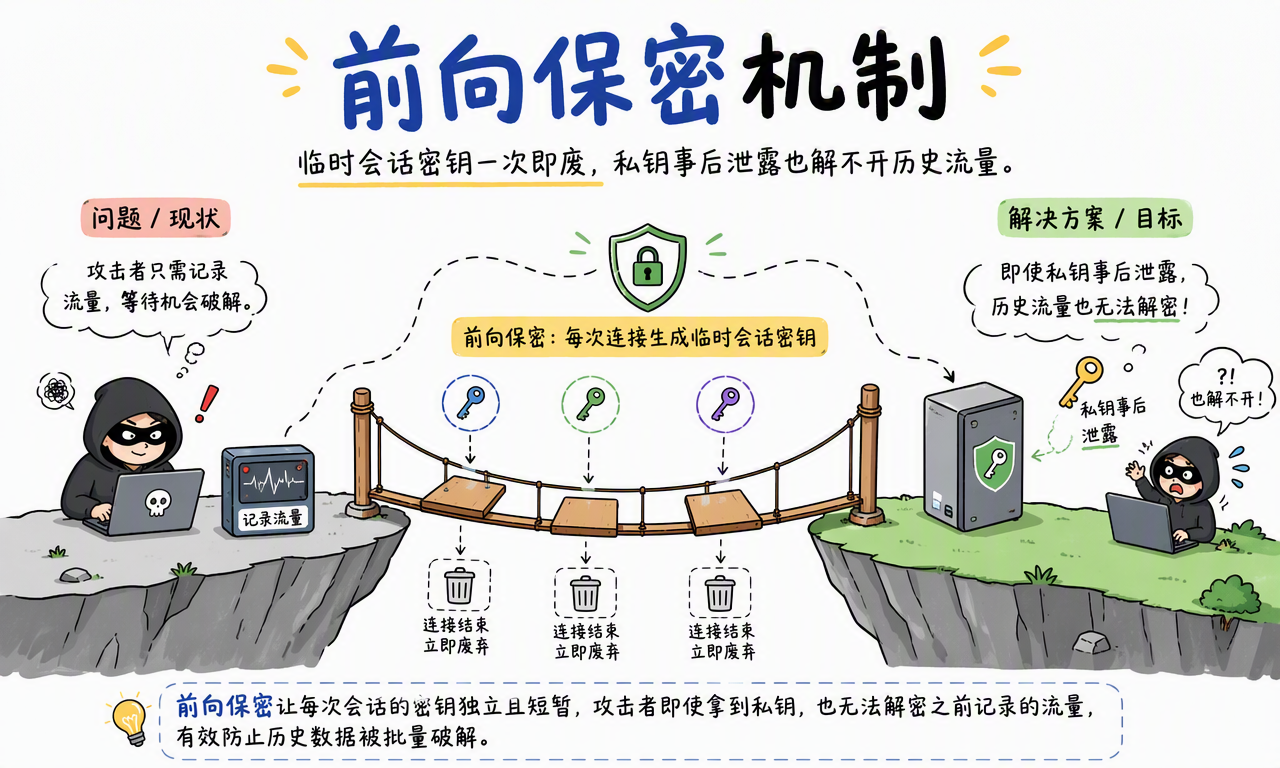 前向保密为每次连接使用临时密钥,使长期私钥泄露后也难以解密历史流量
