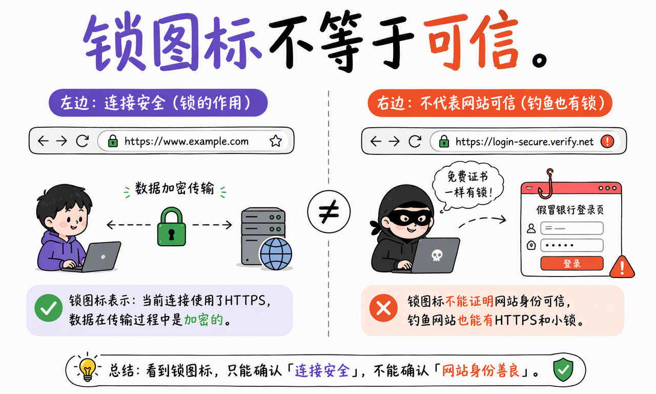 HTTPS 锁图标表示连接经过加密,不等于网站内容和经营者一定可信