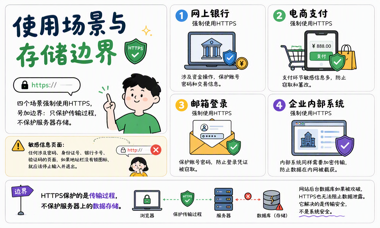 网银、支付、邮箱和企业系统应使用 HTTPS,但服务器存储仍需独立保护
