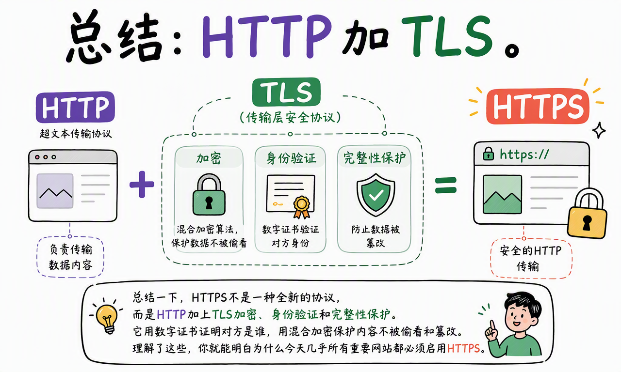 HTTPS 等于 HTTP 加 TLS,用混合密码系统保护浏览器与服务器之间的数据传输