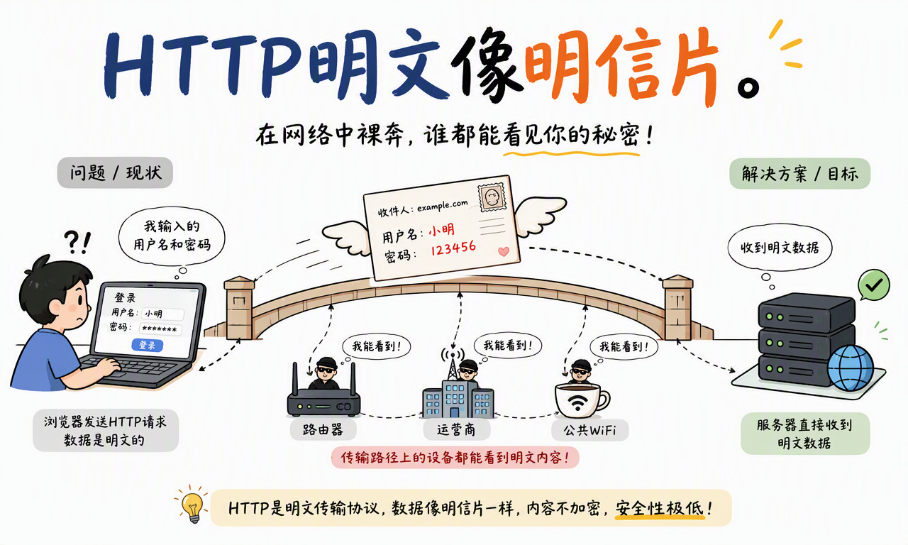 HTTP 明文传输像寄明信片,沿途设备可能看到或修改其中的内容