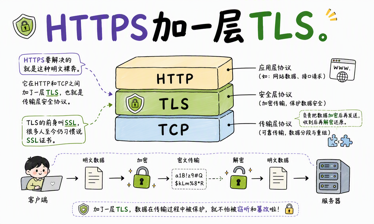 HTTPS 在 HTTP 与 TCP 之间加入 TLS 安全层,再传输网页请求和响应
