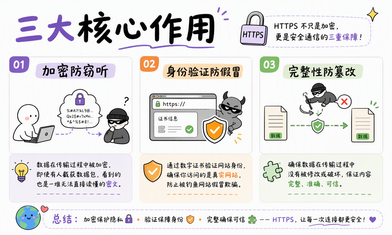 HTTPS 的三项核心作用是加密防窃听、身份验证防假冒和完整性防篡改