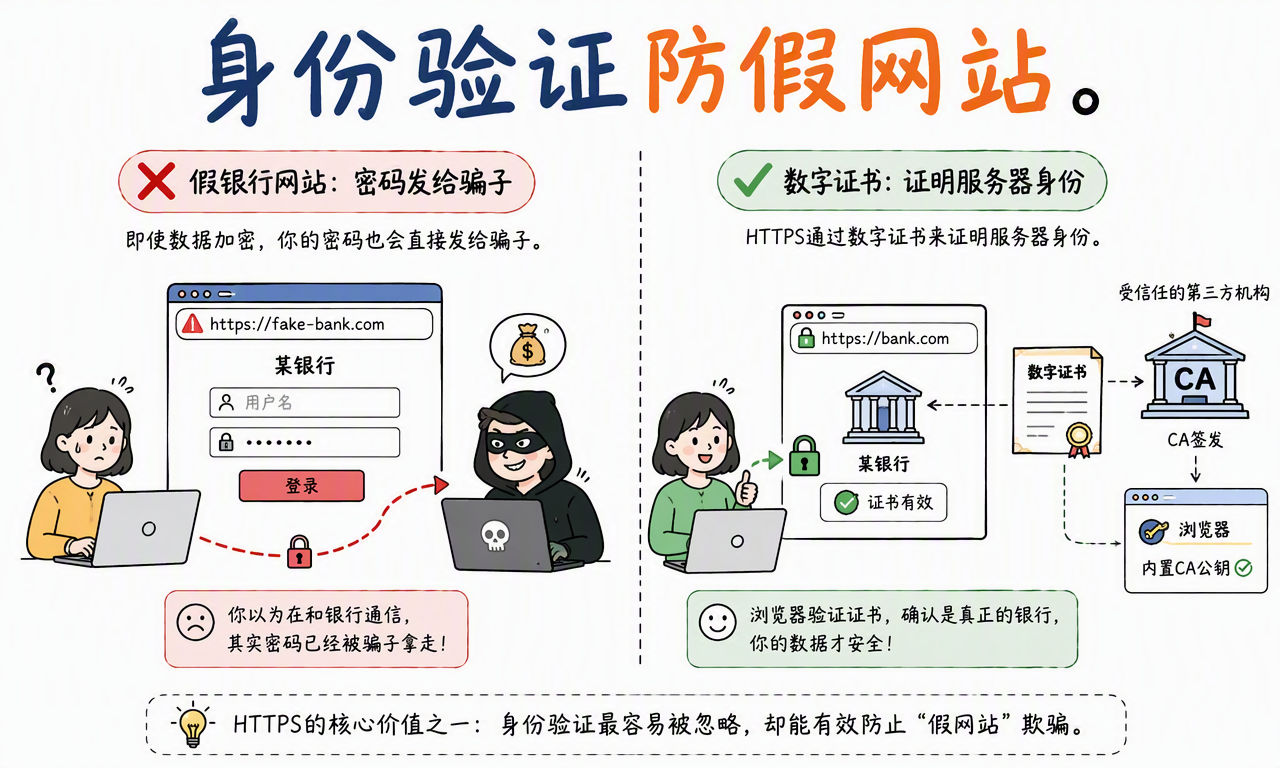 HTTPS 通过数字证书验证服务器身份,降低用户连接到假冒网站的风险