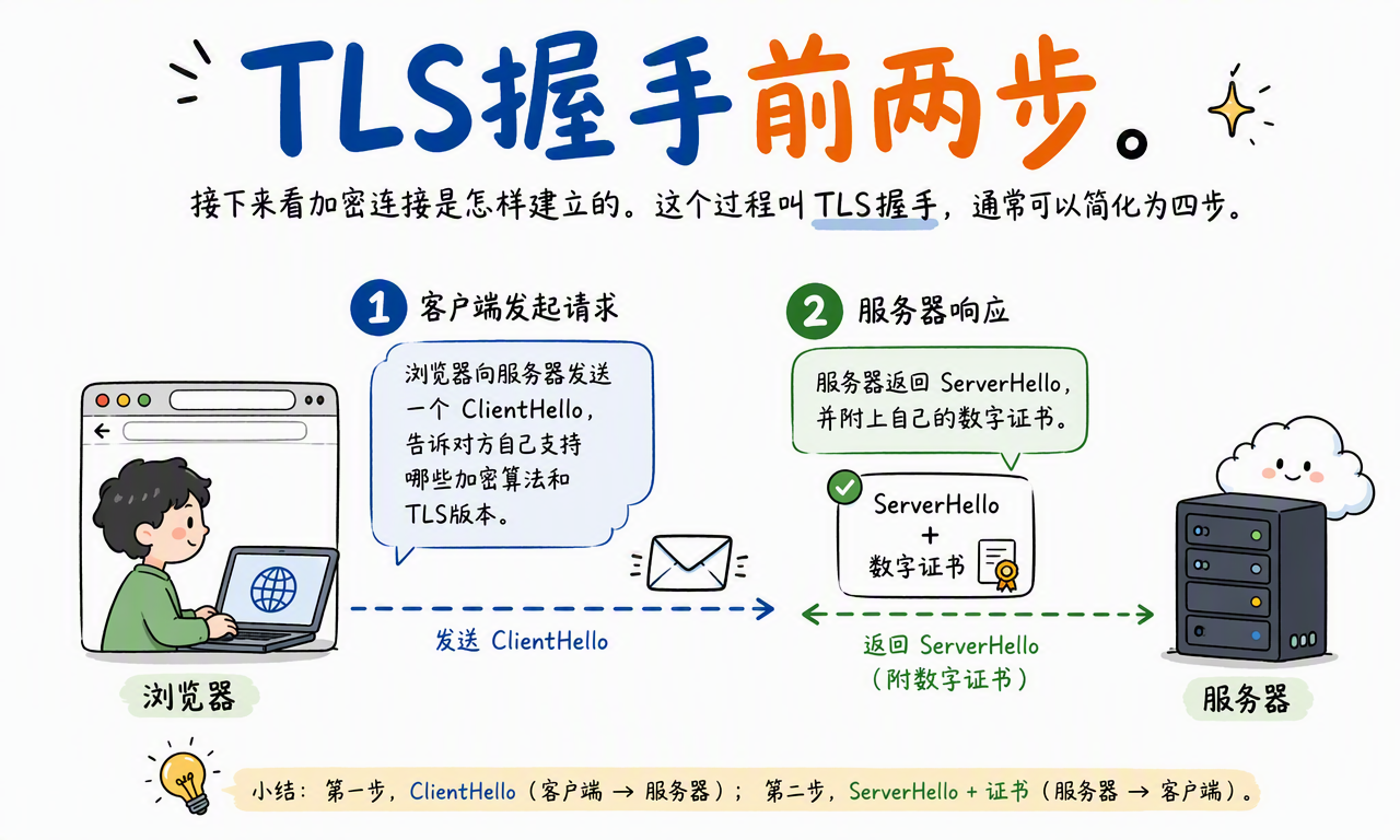 TLS 握手开始时,浏览器发送 ClientHello,服务器选择参数并返回握手消息