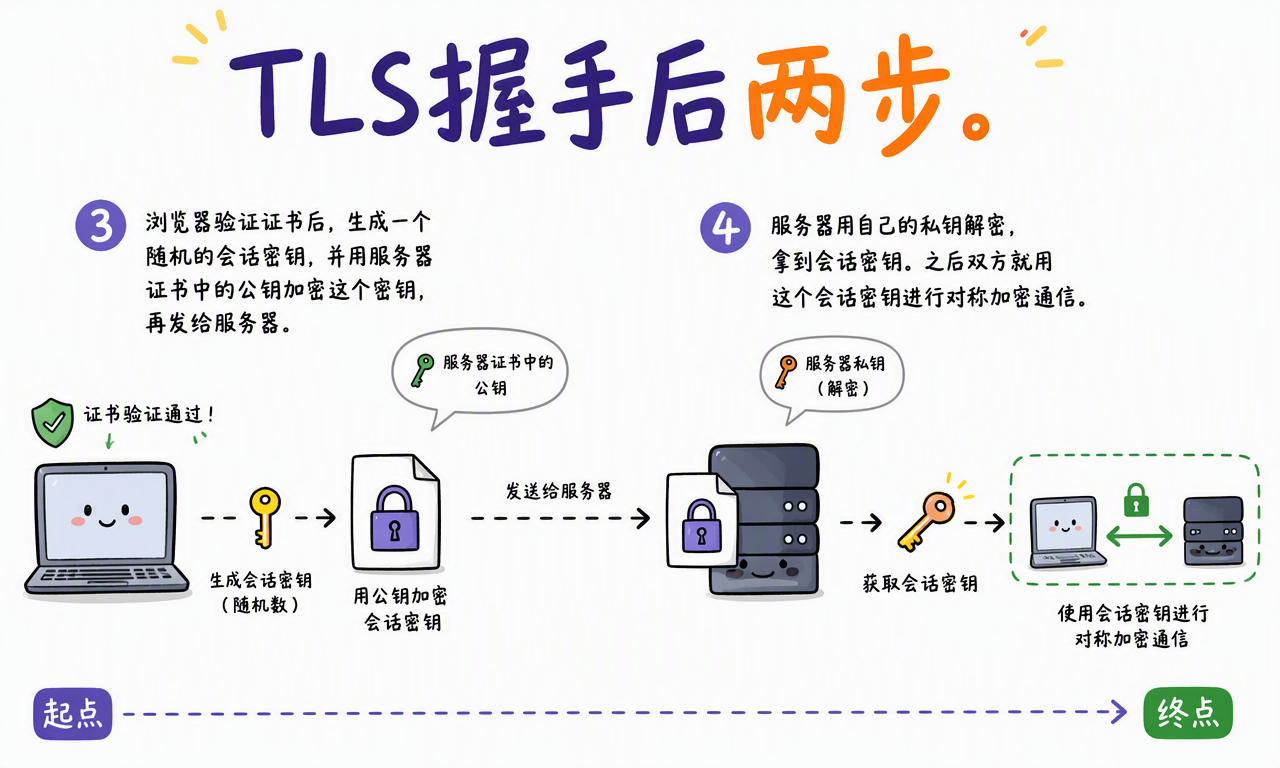 旧式 RSA 密钥交换中,浏览器用证书公钥保护密钥材料,服务器再用私钥解密
