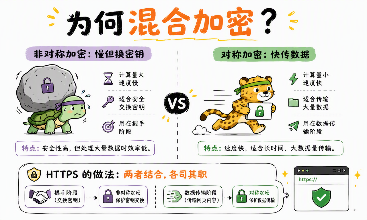 HTTPS 在握手阶段使用非对称密码机制,在数据传输阶段使用高效的对称加密