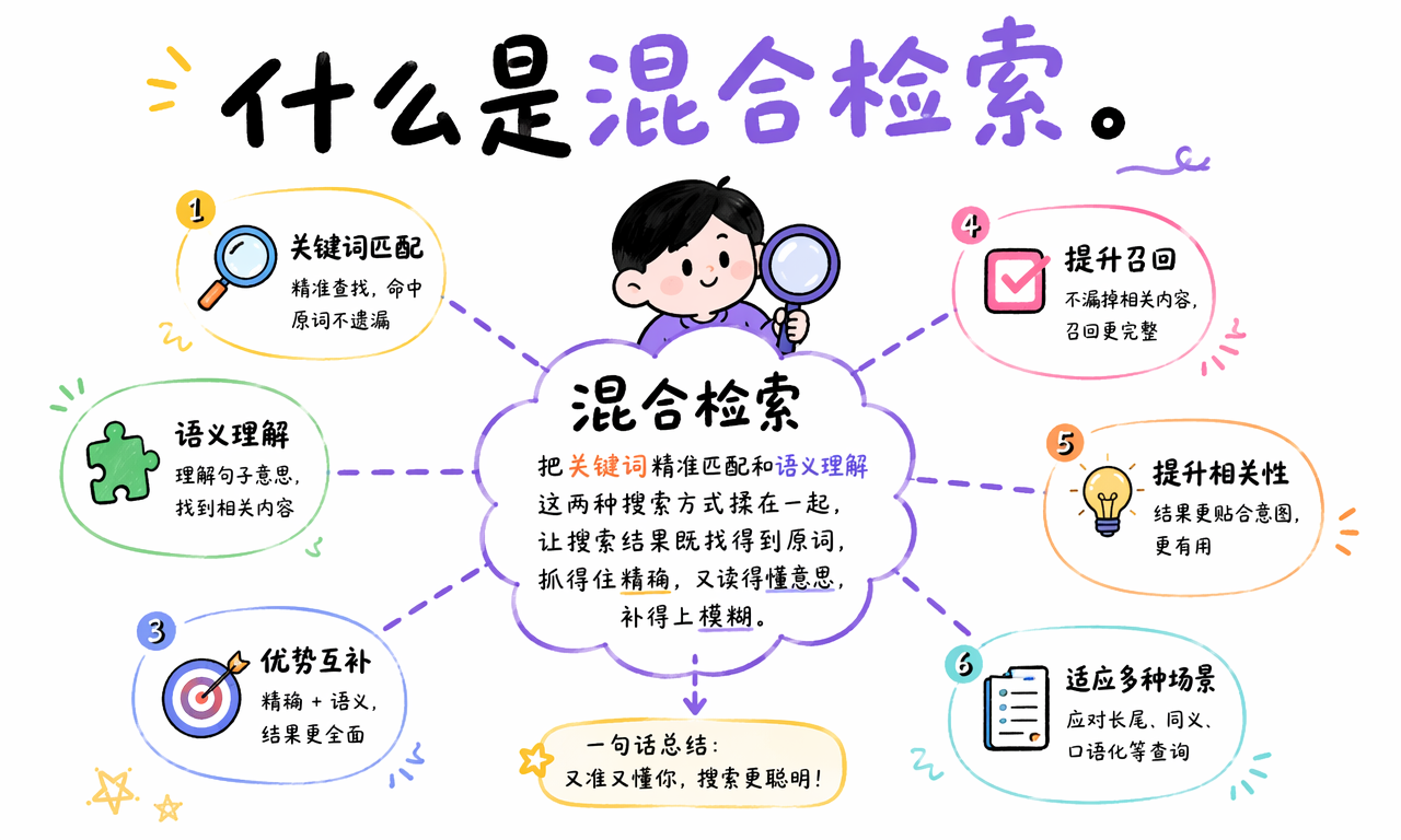 混合检索同时结合关键词精确匹配和语义理解