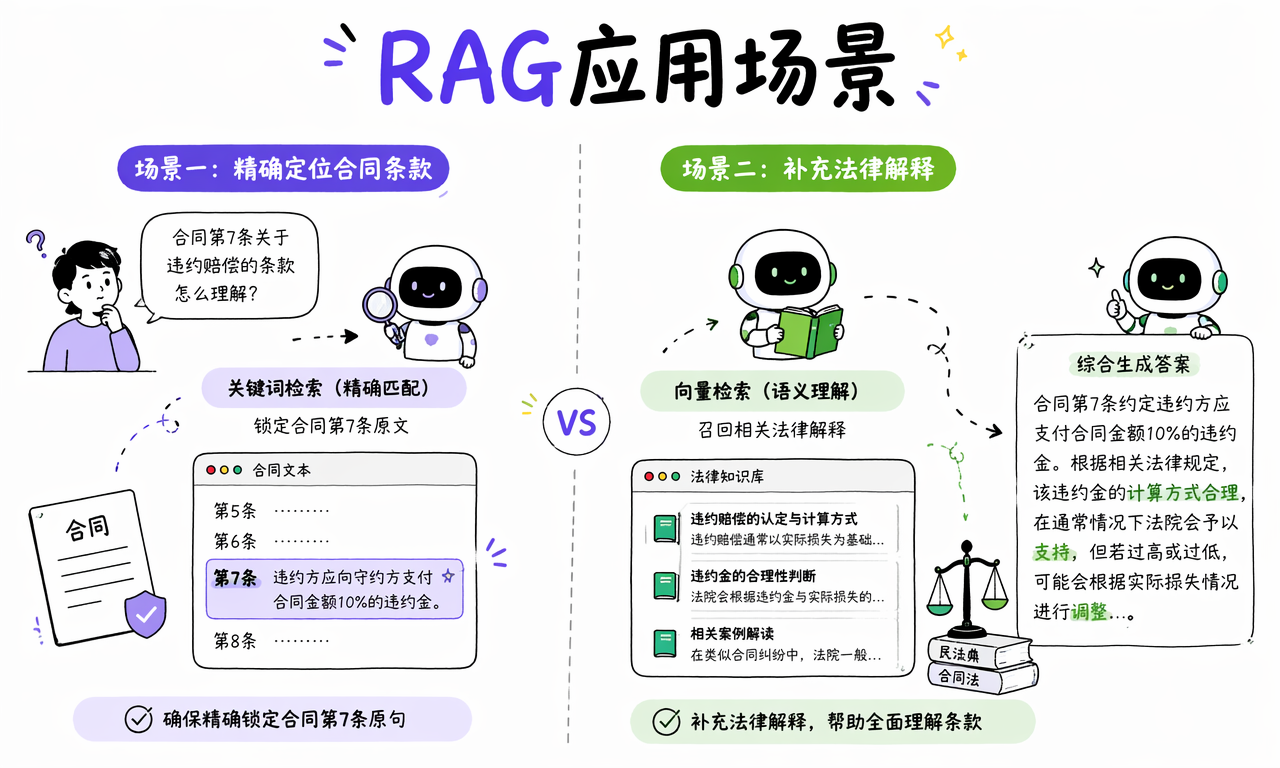 RAG 用关键词检索定位合同第 7 条并用向量检索补充法律解释