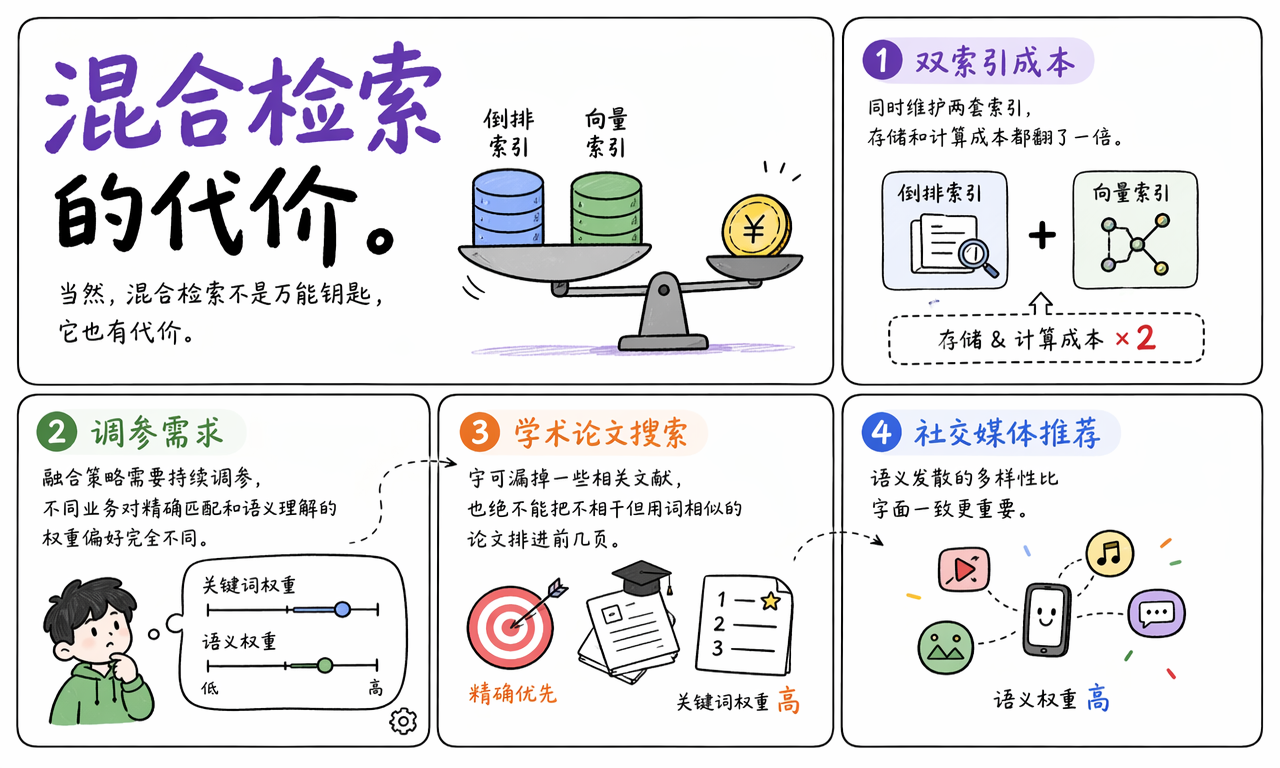 混合检索需要双索引成本并针对不同业务持续调参
