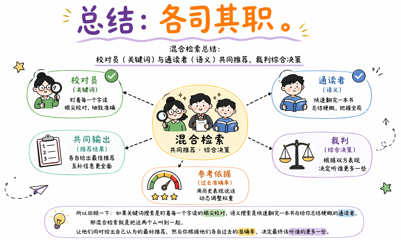 混合检索让关键词校对员与语义通读者共同推荐并由排序机制裁决