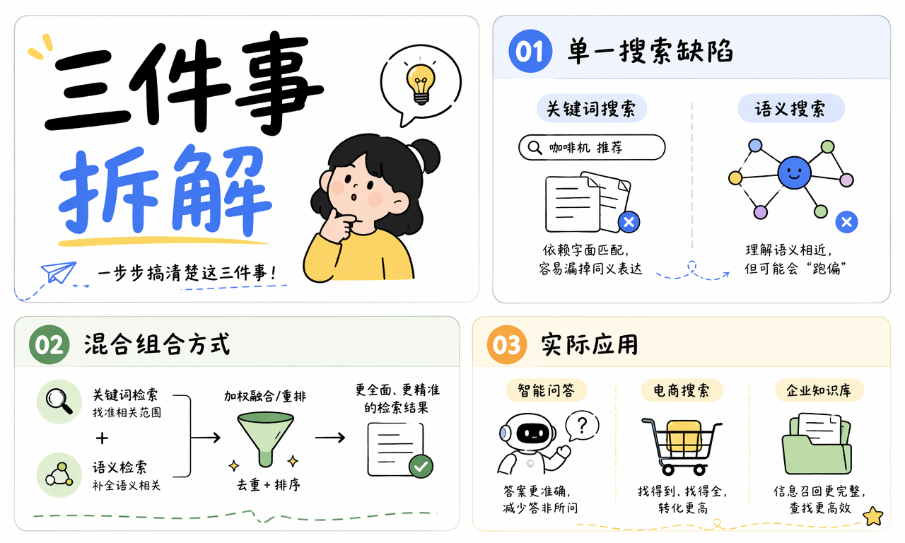 混合检索要解决单一搜索缺陷、结果融合和实际应用三个问题